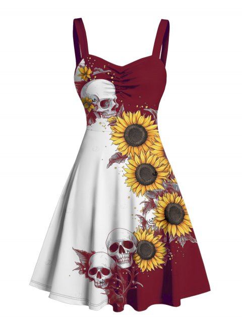 Robe gothique à col en cœur et motif tête de mort de tournesol, couleur contrastée, buste froncé, mini robe de vacances trapèze