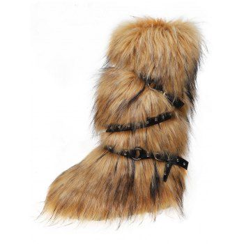Artificial Fur Crossover Buckle Strap Knee-length Snow Boots