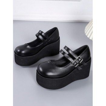 Solid Color Buckle Strap Thick Platform Round Toe Casual Shoes