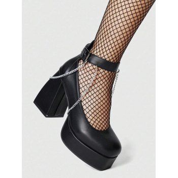 Vintage Sandals Chain Embellishment Chunky Heel Buckle Strap Sandals
