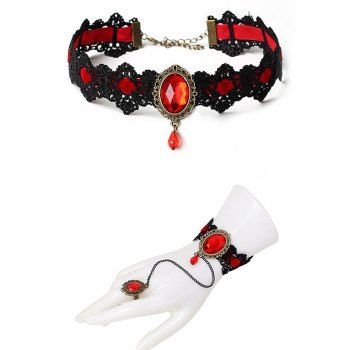Gothic Colorblock Artificial Gem Lace Choker and Bracelet with Ring Vintage Set