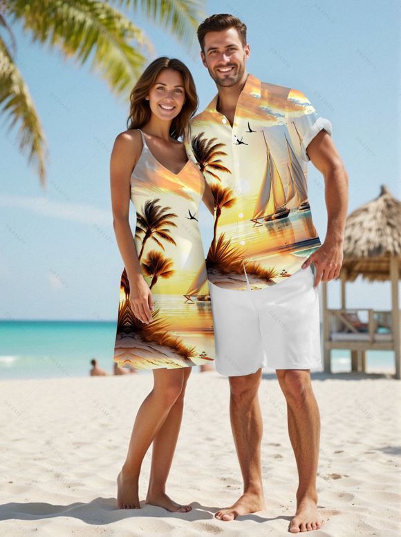 Beach Couple Outfit for Vacation Landscape Coconut Tree Print Mini Dress and Shirt Set - Jaune clair S | US 4