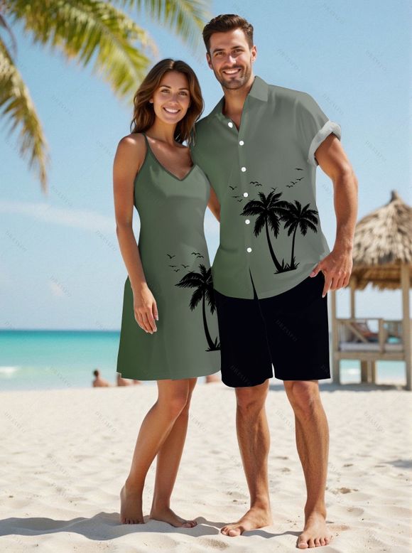 Vacation Couple Outfit for Beach Ombre Coconut Tree Print Mini Dress and Shirt Set - Vert clair S | US 4