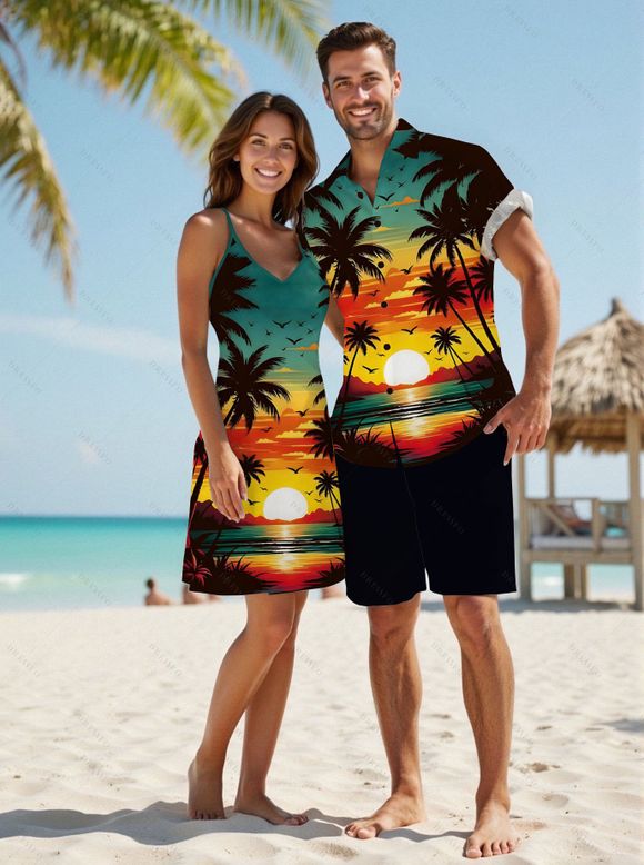 Beach Couple Outfit Sunset Coconut Tree Print Mini Dress and Shirt Vacation Set - Orange S | US 4