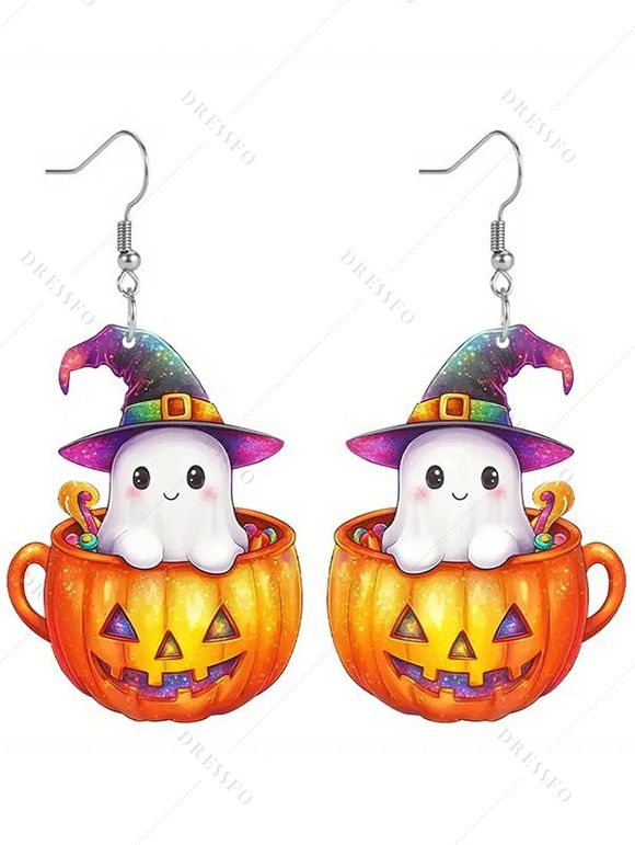 Boucles d'oreilles en acrylique Halloween, motif citrouille fantôme avec chapeau - multicolor A 