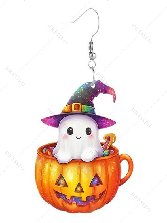 Boucles d'oreilles en acrylique Halloween, motif citrouille fantôme avec chapeau - multicolor A 