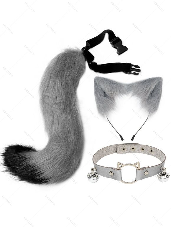 Ensemble de cosplay 3 pièces avec queue en fourrure artificielle et serre-tête oreilles de chat avec clochette - Gris 