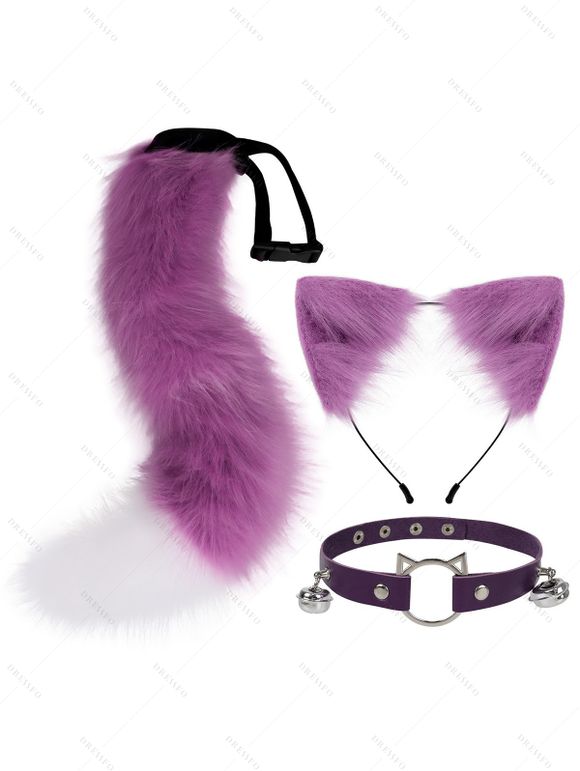 Ensemble de cosplay 3 pièces avec queue en fourrure artificielle et serre-tête oreilles de chat avec clochette - Pourpre 