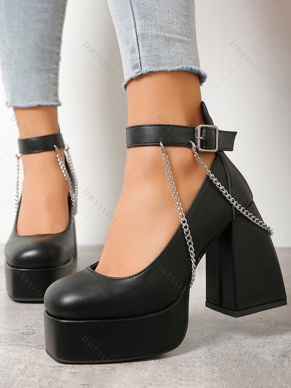 Vintage Sandals Chain Embellishment Chunky Heel Buckle Strap Sandals - Noir EU 37
