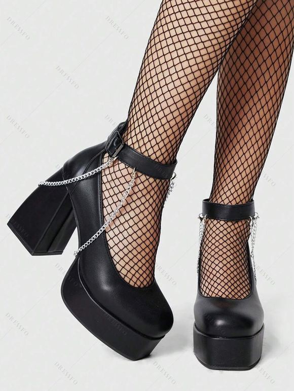 Vintage Sandals Chain Embellishment Chunky Heel Buckle Strap Sandals - Noir EU 43