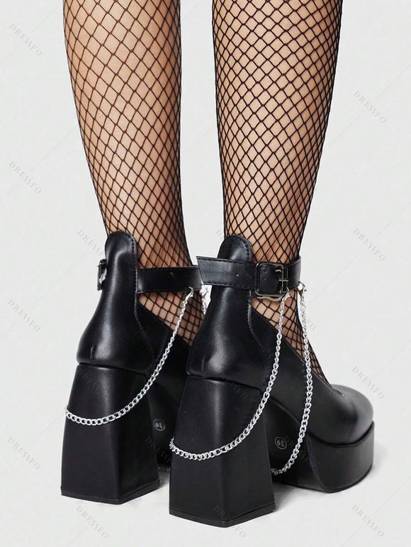 Vintage Sandals Chain Embellishment Chunky Heel Buckle Strap Sandals - Noir EU 37