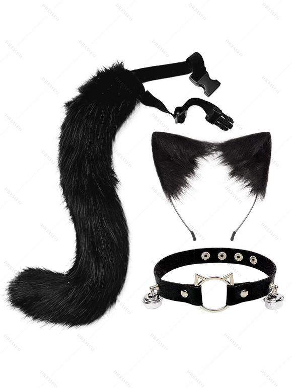 Ensemble de cosplay 3 pièces avec queue en fourrure artificielle et serre-tête oreilles de chat avec clochette - Noir 