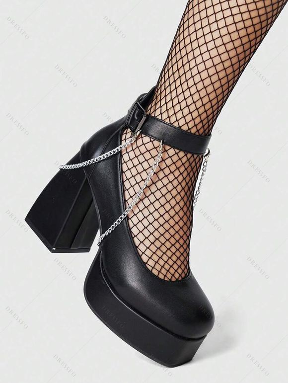 Vintage Sandals Chain Embellishment Chunky Heel Buckle Strap Sandals - Noir EU 37