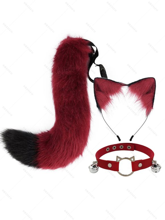 Ensemble de cosplay 3 pièces avec queue en fourrure artificielle et serre-tête oreilles de chat avec clochette - Rouge 