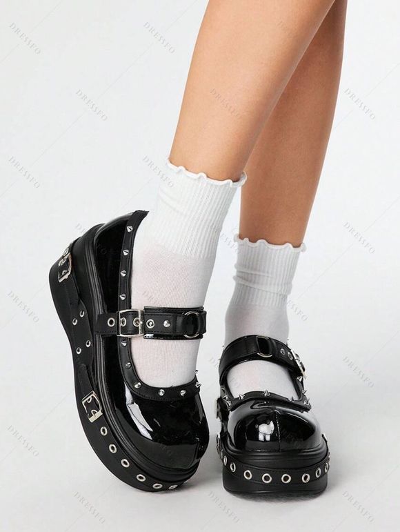 Gothic Shoes Grommet Buckle Strap Rivet Punk Shoes - Noir EU 42