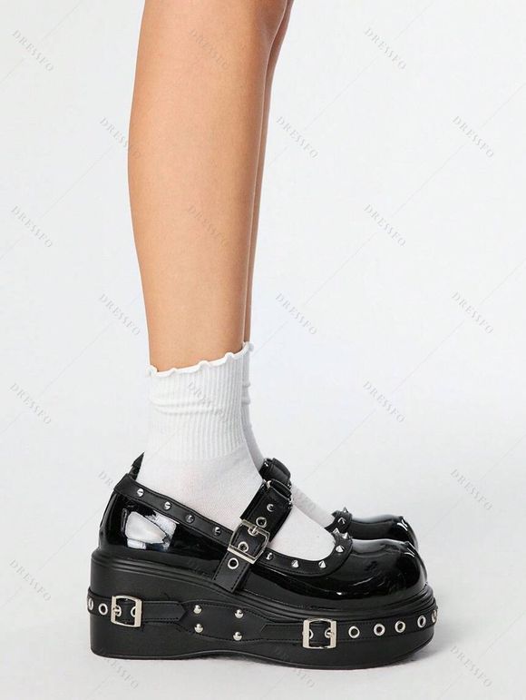 Gothic Shoes Grommet Buckle Strap Rivet Punk Shoes - Noir EU 37