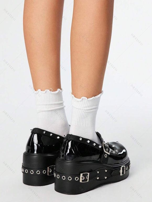 Gothic Shoes Grommet Buckle Strap Rivet Punk Shoes - Noir EU 37
