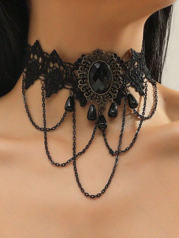 Collier ras du cou gothique en dentelle avec chaîne en pierres précieuses artificielles et pompon ajouré - Noir 