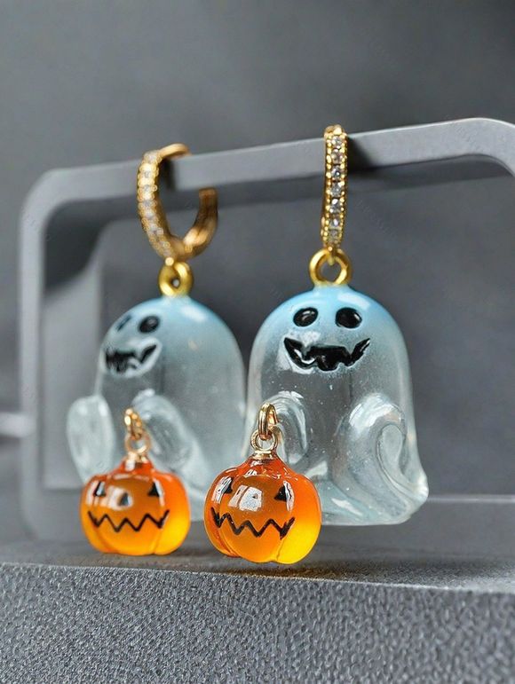 Boucles d'oreilles Halloween Fantôme avec citrouille Boucles d'oreilles mignonnes - Blanc 
