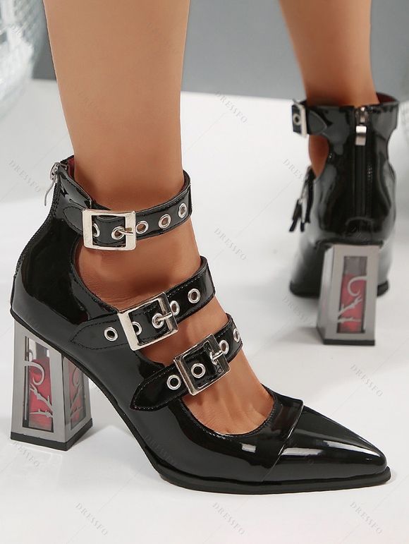 Grommet Buckle Strap Chunky Heel Pointed Toe Zip Punk Sandals - Noir EU 37