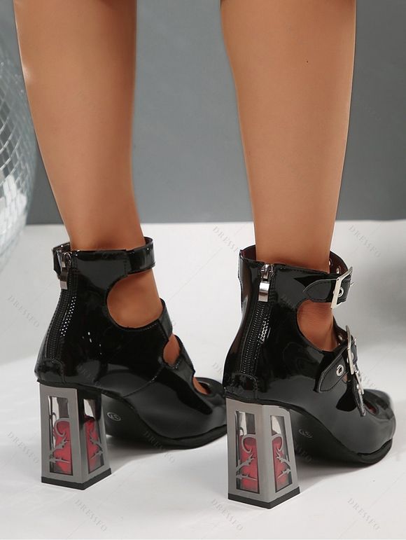 Grommet Buckle Strap Chunky Heel Pointed Toe Zip Punk Sandals - Noir EU 37