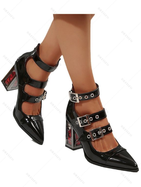 Grommet Buckle Strap Chunky Heel Pointed Toe Zip Punk Sandals - Noir EU 37