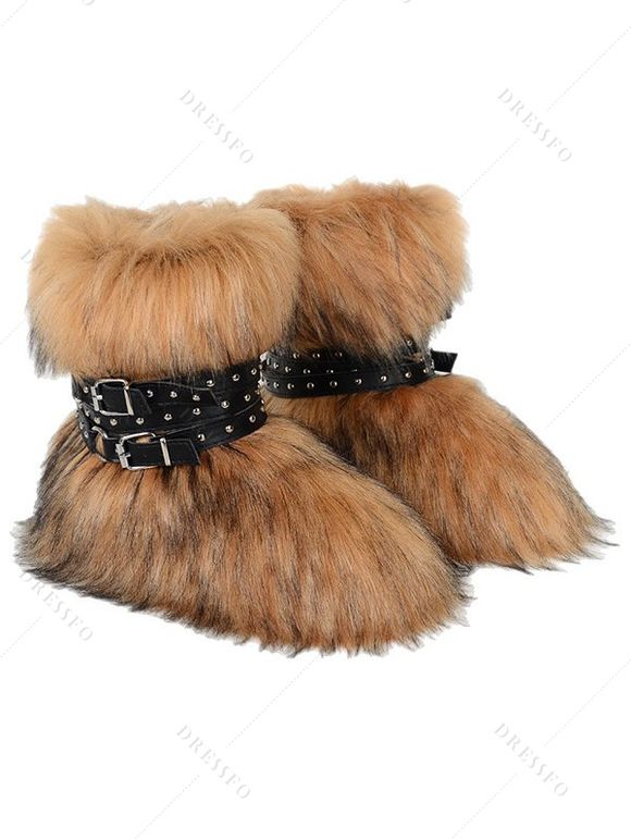 Artificial Fur Rivet Buckle Strap Warm Snow Boots - Brun EU 43