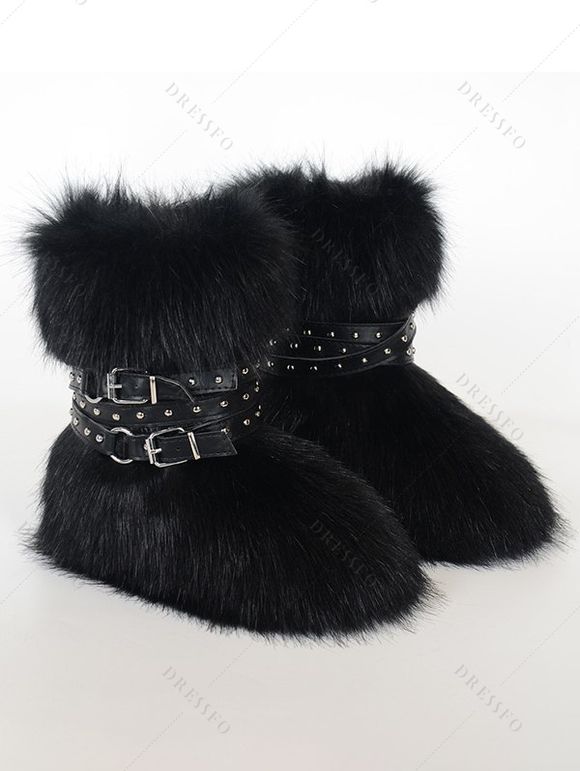 Artificial Fur Rivet Buckle Strap Warm Snow Boots - Noir EU 43