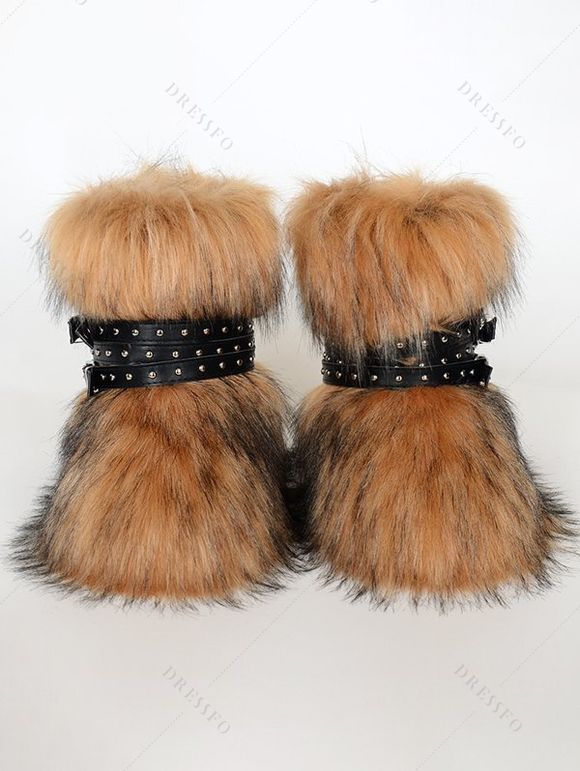 Artificial Fur Rivet Buckle Strap Warm Snow Boots - Brun EU 37