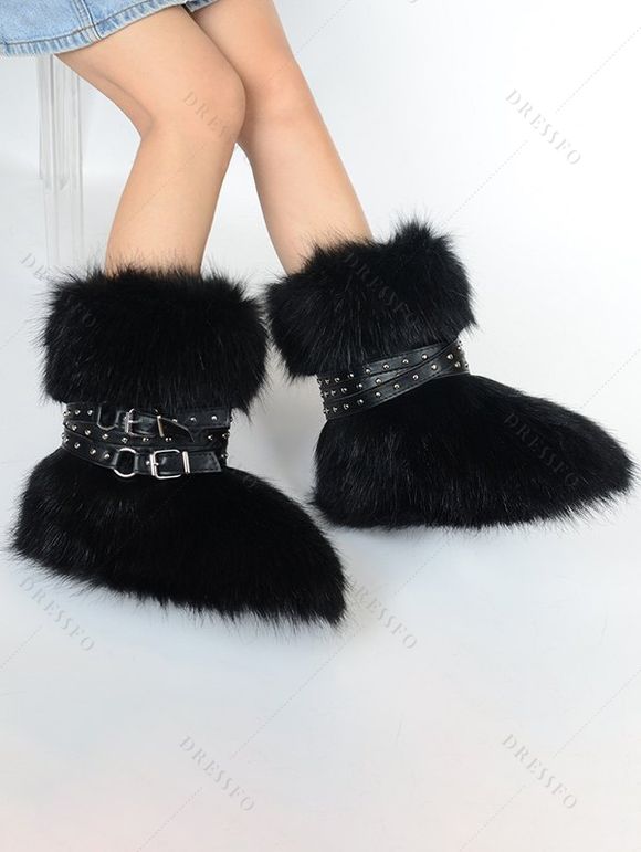 Artificial Fur Rivet Buckle Strap Warm Snow Boots - Noir EU 37
