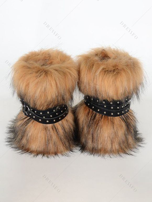 Artificial Fur Rivet Buckle Strap Warm Snow Boots - Brun EU 37