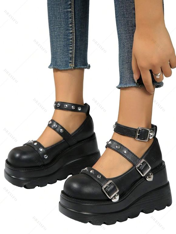 Gothic Shoes Rivet Heart Detail Buckle Strap Thick Platform Shoes - Noir EU 37