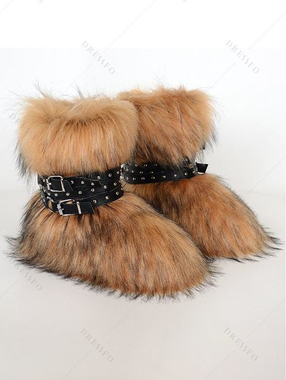 Artificial Fur Rivet Buckle Strap Warm Snow Boots - Brun EU 37