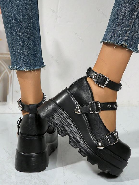 Gothic Shoes Rivet Heart Detail Buckle Strap Thick Platform Shoes - Noir EU 37