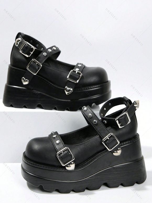 Gothic Shoes Rivet Heart Detail Buckle Strap Thick Platform Shoes - Noir EU 43