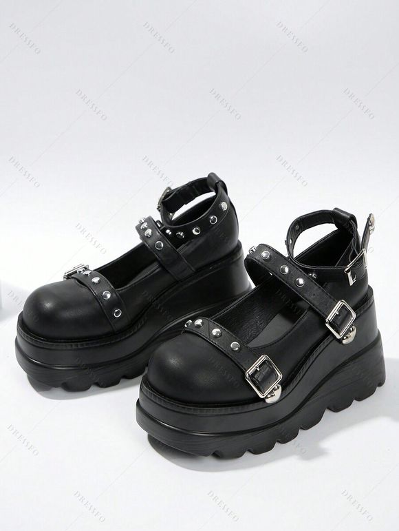 Gothic Shoes Rivet Heart Detail Buckle Strap Thick Platform Shoes - Noir EU 37