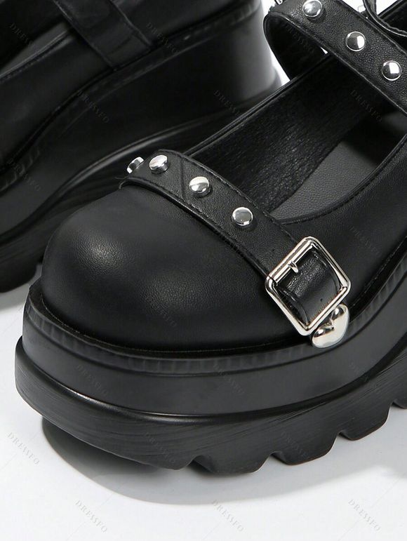 Gothic Shoes Rivet Heart Detail Buckle Strap Thick Platform Shoes - Noir EU 37