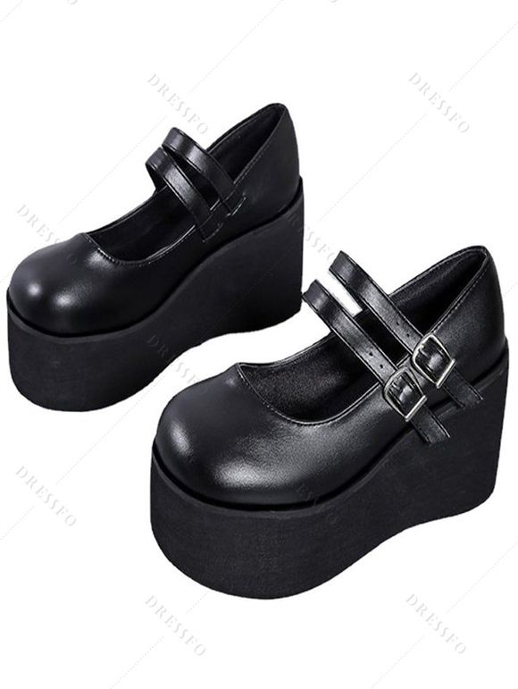 Solid Color Buckle Strap Thick Platform Round Toe Casual Shoes - Noir EU 37
