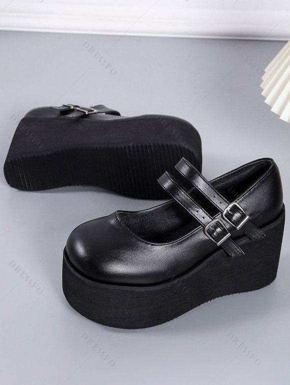 Solid Color Buckle Strap Thick Platform Round Toe Casual Shoes - Noir EU 37