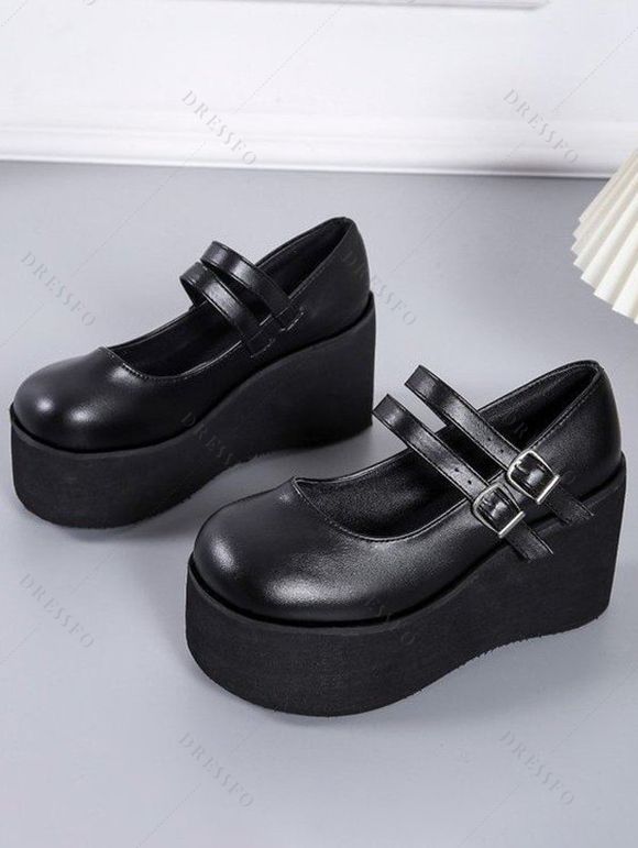 Solid Color Buckle Strap Thick Platform Round Toe Casual Shoes - Noir EU 37