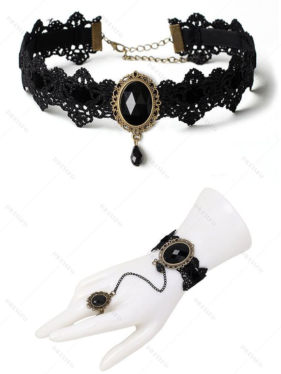 Ensemble ras du cou et bracelet en dentelle artificielle avec pierres précieuses de style gothique colorblock et anneau vintage - Noir 