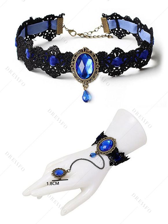 Ensemble ras du cou et bracelet en dentelle artificielle avec pierres précieuses de style gothique colorblock et anneau vintage - Bleu 