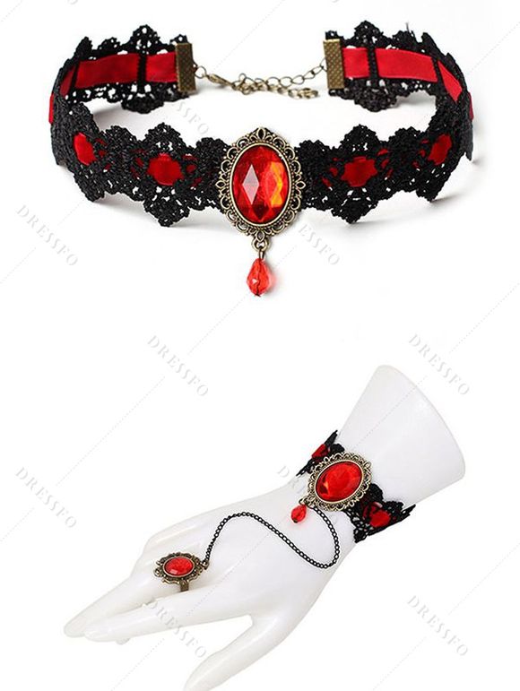 Ensemble ras du cou et bracelet en dentelle artificielle avec pierres précieuses de style gothique colorblock et anneau vintage - Rouge 