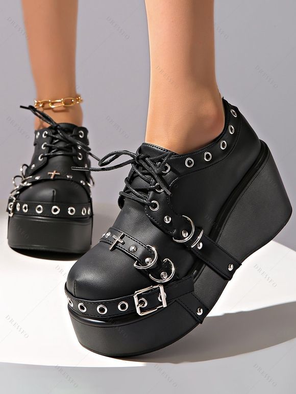 Gothic Shoes Rivet Grommet Buckle Strap Thick Platform Lace Up Shoes - Noir EU 42