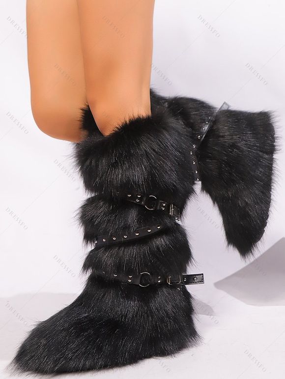 Artificial Fur Crossover Buckle Strap Knee-length Snow Boots - Noir EU 43
