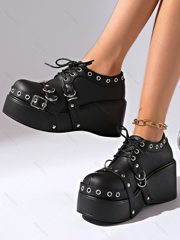 Gothic Shoes Rivet Grommet Buckle Strap Thick Platform Lace Up Shoes - Noir EU 37