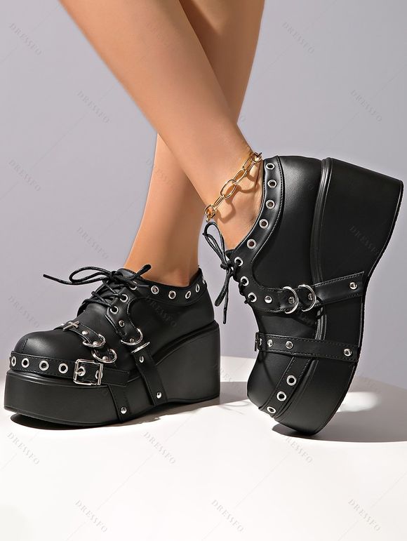 Gothic Shoes Rivet Grommet Buckle Strap Thick Platform Lace Up Shoes - Noir EU 37