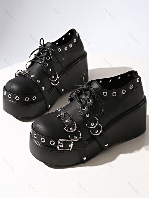 Gothic Shoes Rivet Grommet Buckle Strap Thick Platform Lace Up Shoes - Noir EU 37