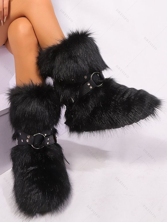 Rivet Buckle Strap Artificial Fur Warm Snow Boots - Noir EU 37
