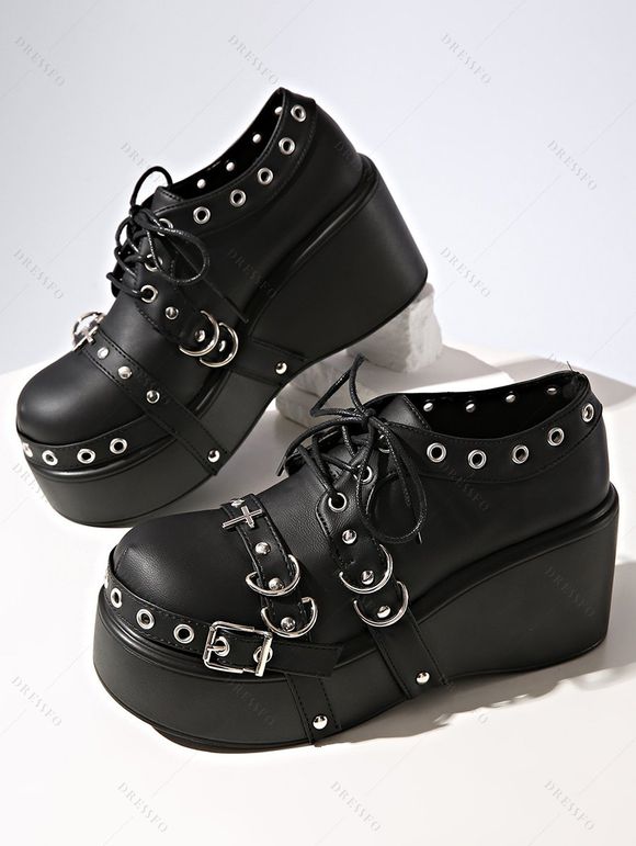 Gothic Shoes Rivet Grommet Buckle Strap Thick Platform Lace Up Shoes - Noir EU 37